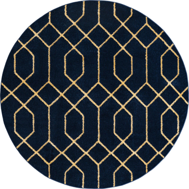 Navy Blue and Gold Round Trellis Synthetic Area Rug