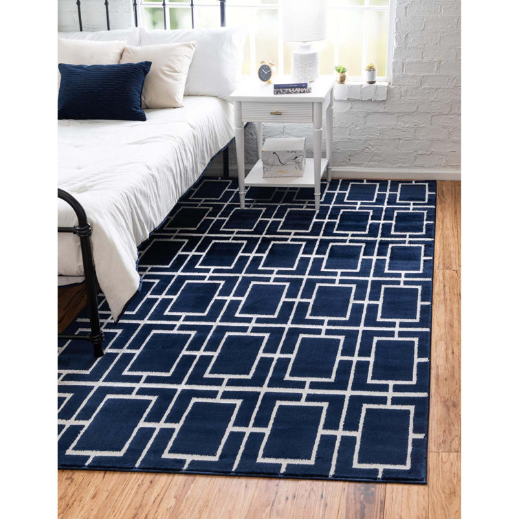 Navy Blue and Silver Geometric Synthetic Rectangular Rug
