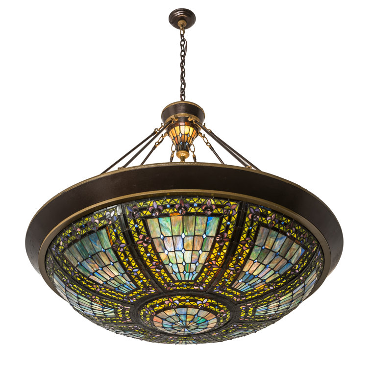 Elegant Fleur-de-Lis 10-Light Pendant in Copper Vein with Multicolor Glass