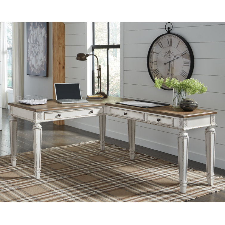 White and Distressed Wood L-Shaped Desk with Drawer and USB Port