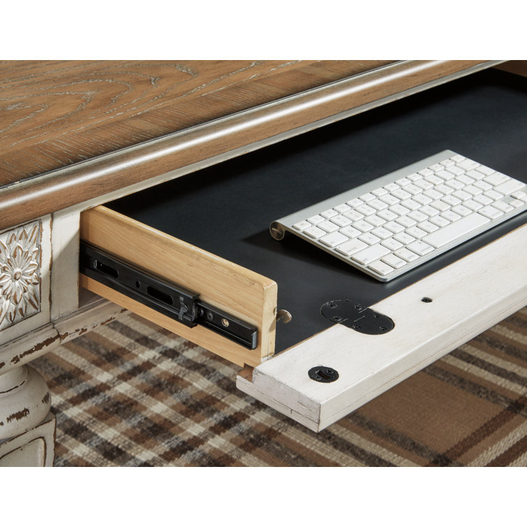 White and Distressed Wood L-Shaped Desk with Drawer and USB Port