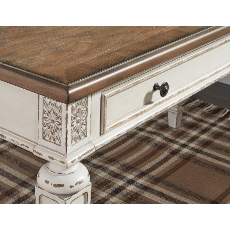 White and Distressed Wood L-Shaped Desk with Drawer and USB Port