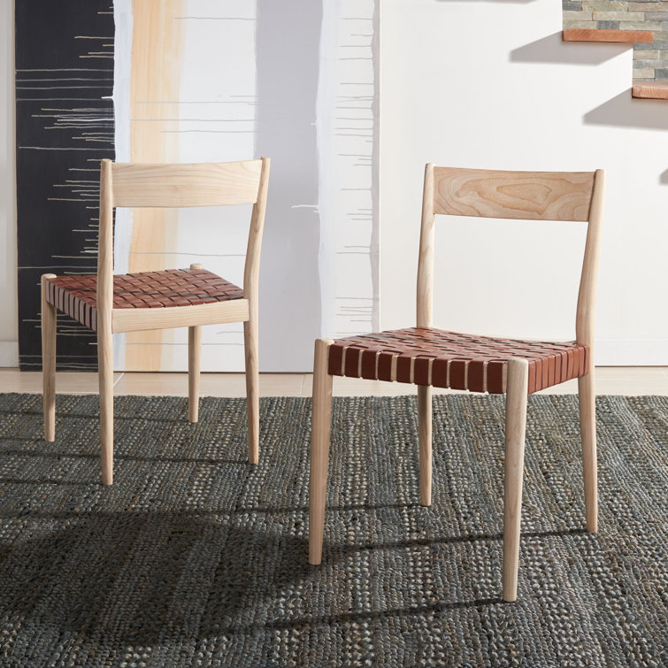 Cognac Leather and Natural Wood Upholstered Side Chair Set