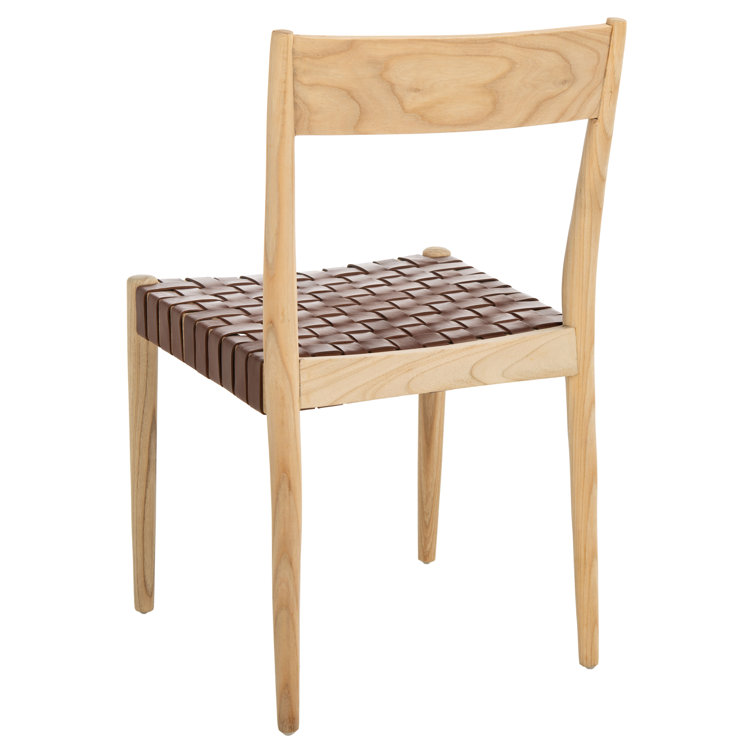 Cognac Leather and Natural Wood Upholstered Side Chair Set