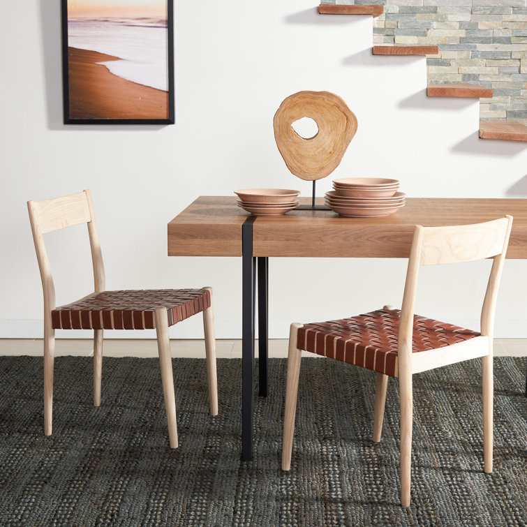 Cognac Leather and Natural Wood Upholstered Side Chair Set