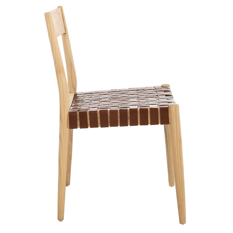 Cognac Leather and Natural Wood Upholstered Side Chair Set