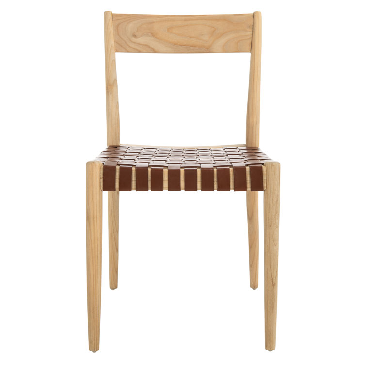 Cognac Leather and Natural Wood Upholstered Side Chair Set