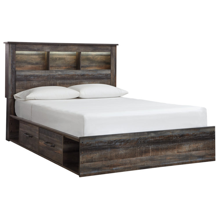 Queen Rustic Wood Bookcase Bed with Storage Drawers
