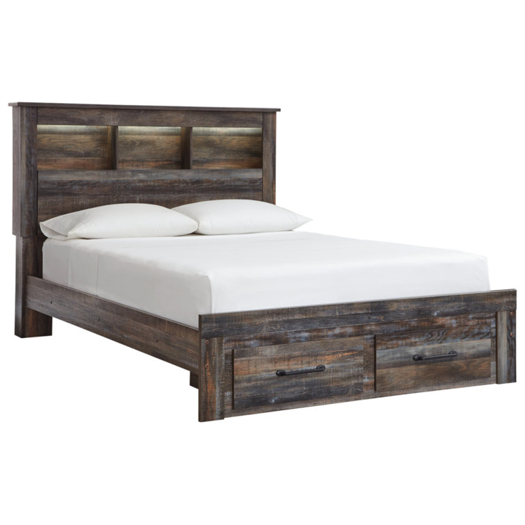 Queen Rustic Wood Bookcase Bed with Storage Drawers