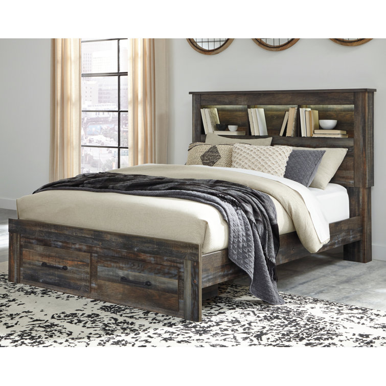 Queen Rustic Wood Bookcase Bed with Storage Drawers