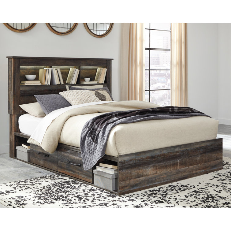 Queen Rustic Wood Bookcase Bed with Storage Drawers