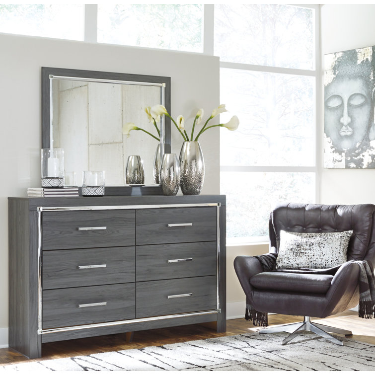 Gray 6-Drawer Dresser with Mirror and Chrome Accents