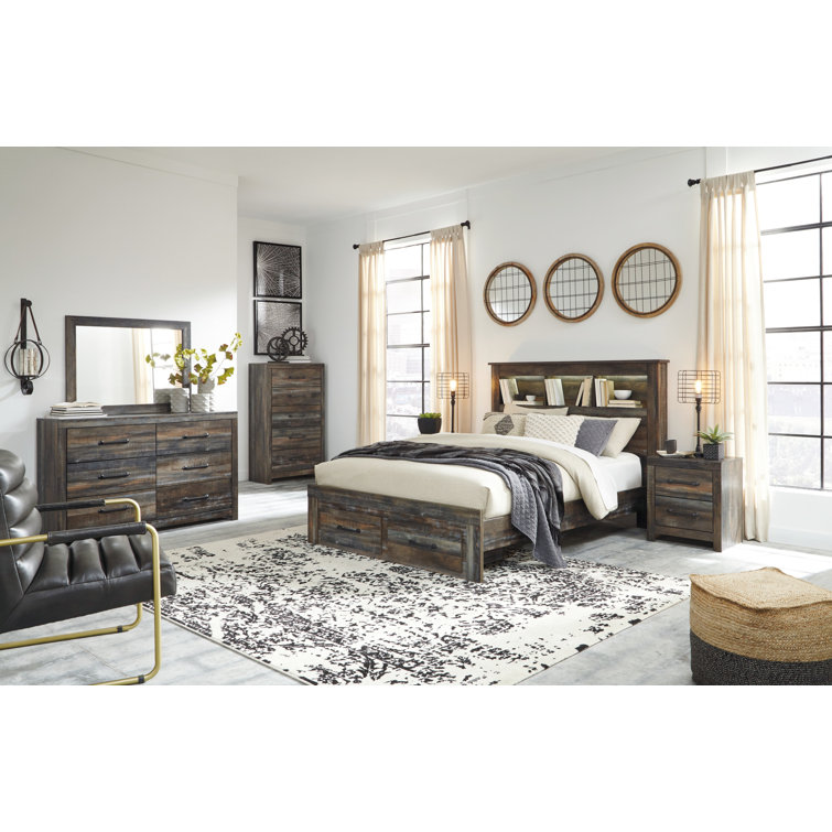 Queen Rustic Wood Bookcase Bed with Storage Drawers