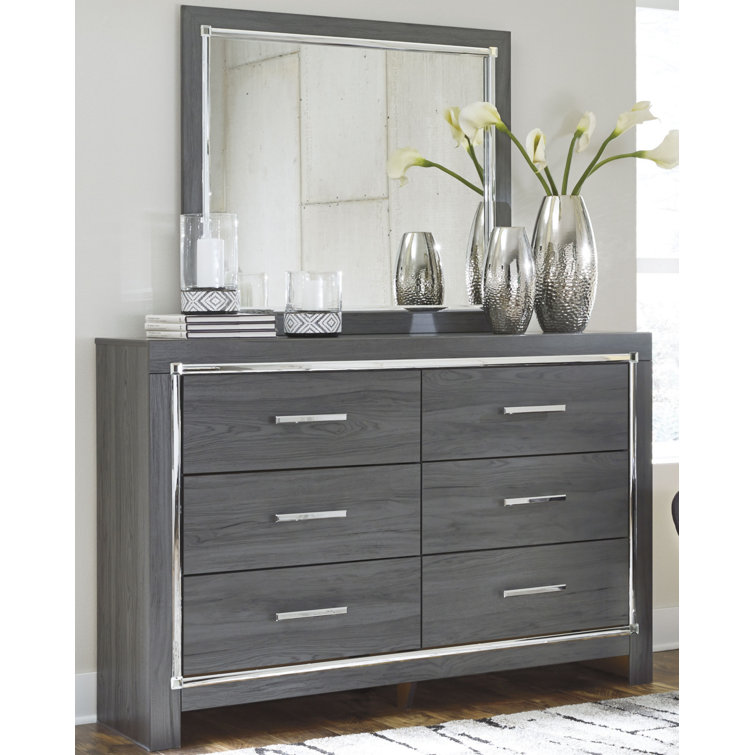 Gray 6-Drawer Dresser with Mirror and Chrome Accents