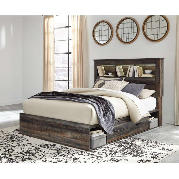 Queen Rustic Wood Bookcase Bed with Storage Drawers