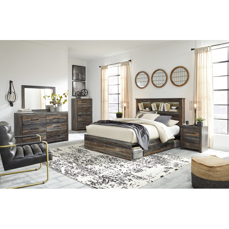Queen Rustic Wood Bookcase Bed with Storage Drawers