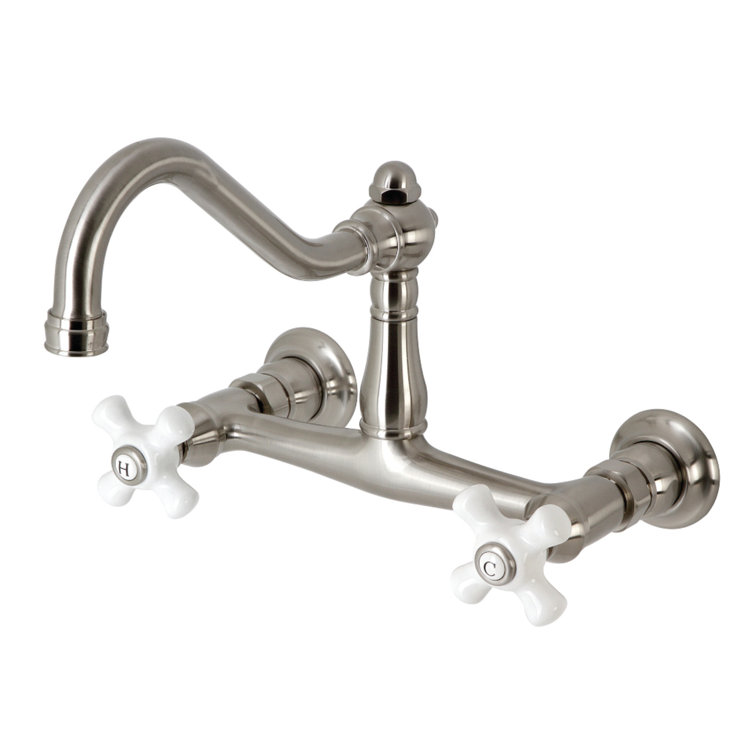 Vintage Polished Nickel Wall Mount Bathroom Faucet with Cross Handles