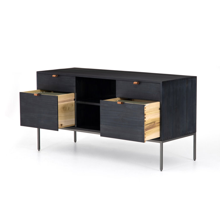 Contemporary Black Washed Poplar 4-Drawer Credenza with Toffee Leather Pulls