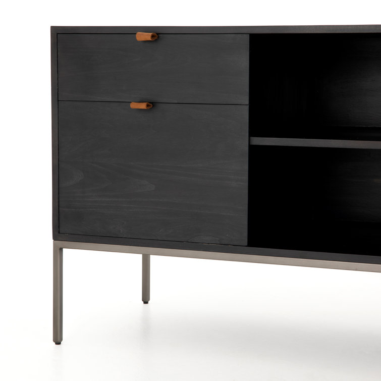 Contemporary Black Washed Poplar 4-Drawer Credenza with Toffee Leather Pulls