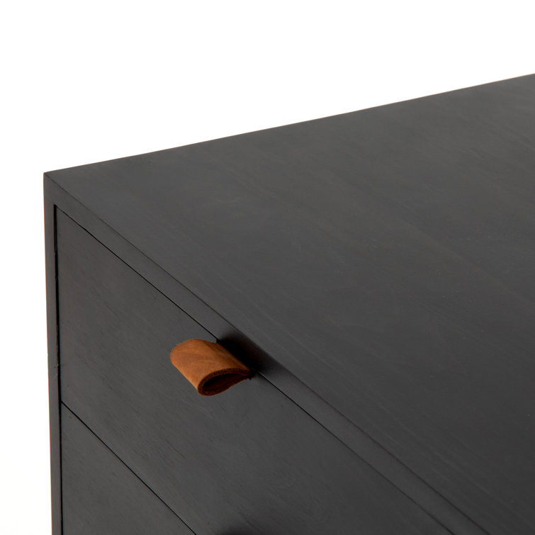 Contemporary Black Washed Poplar 4-Drawer Credenza with Toffee Leather Pulls