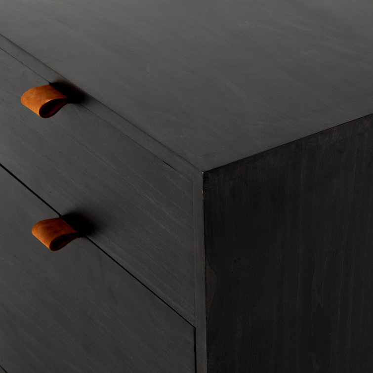 Contemporary Black Washed Poplar 4-Drawer Credenza with Toffee Leather Pulls