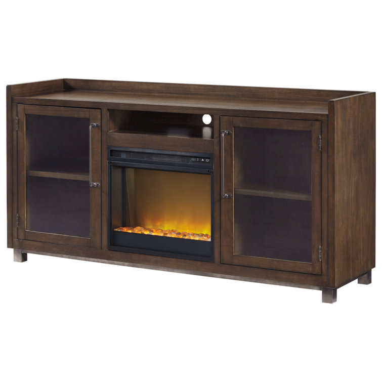 Brown Acacia Veneer TV Stand with Fireplace and Cabinets