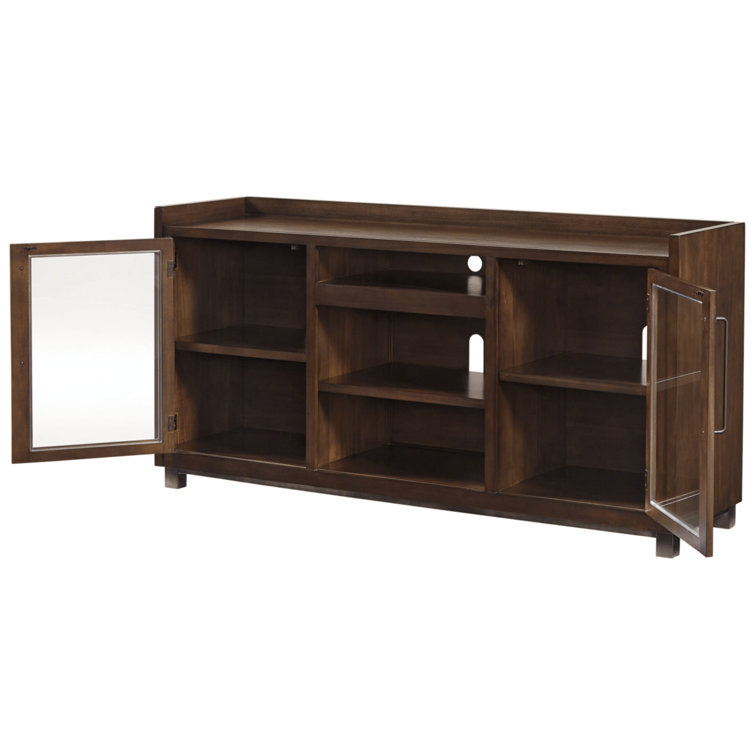 Brown Acacia Veneer TV Stand with Fireplace and Cabinets