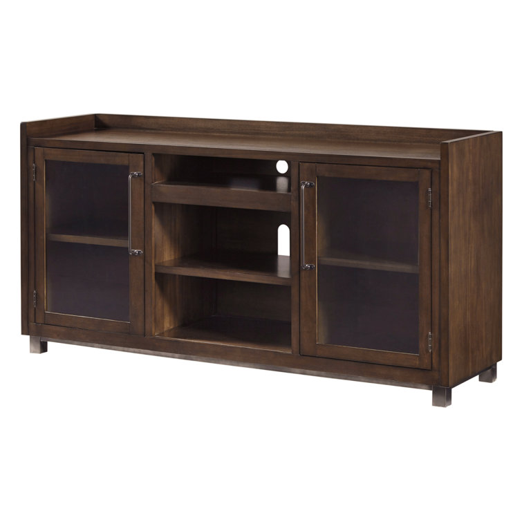 Brown Acacia Veneer TV Stand with Fireplace and Cabinets