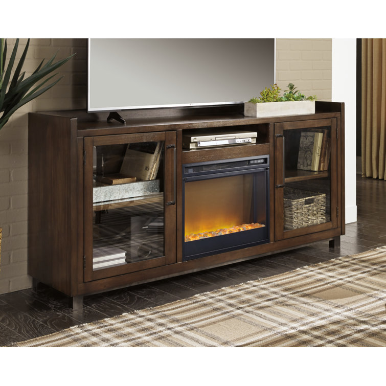 Brown Acacia Veneer TV Stand with Fireplace and Cabinets
