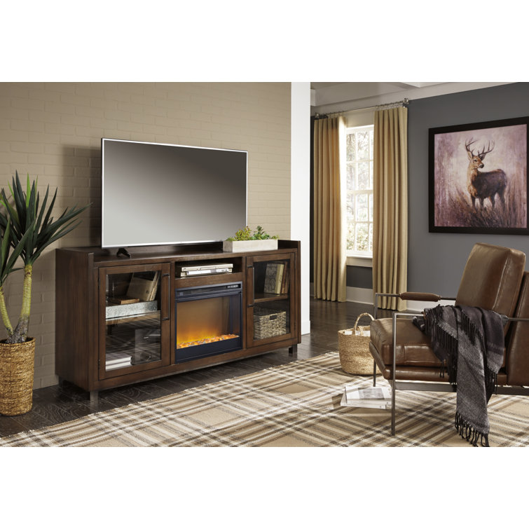 Brown Acacia Veneer TV Stand with Fireplace and Cabinets