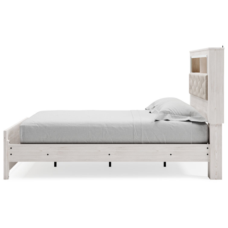 Beige Upholstered Queen Bookcase Bed with Storage