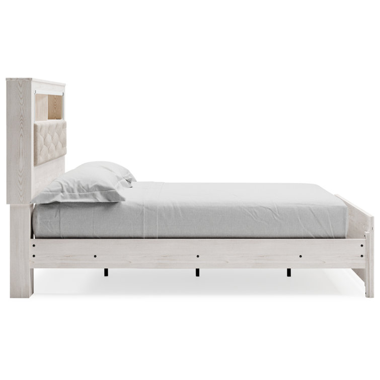 Beige Upholstered Queen Bookcase Bed with Storage