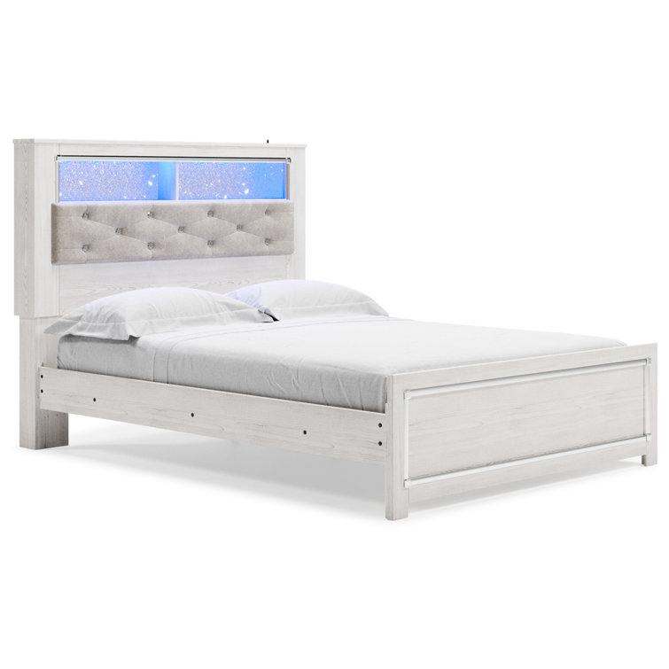 Beige Upholstered Queen Bookcase Bed with Storage