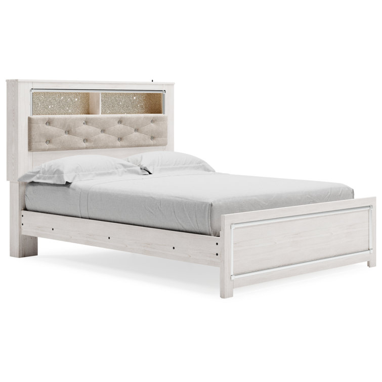 Beige Upholstered Queen Bookcase Bed with Storage