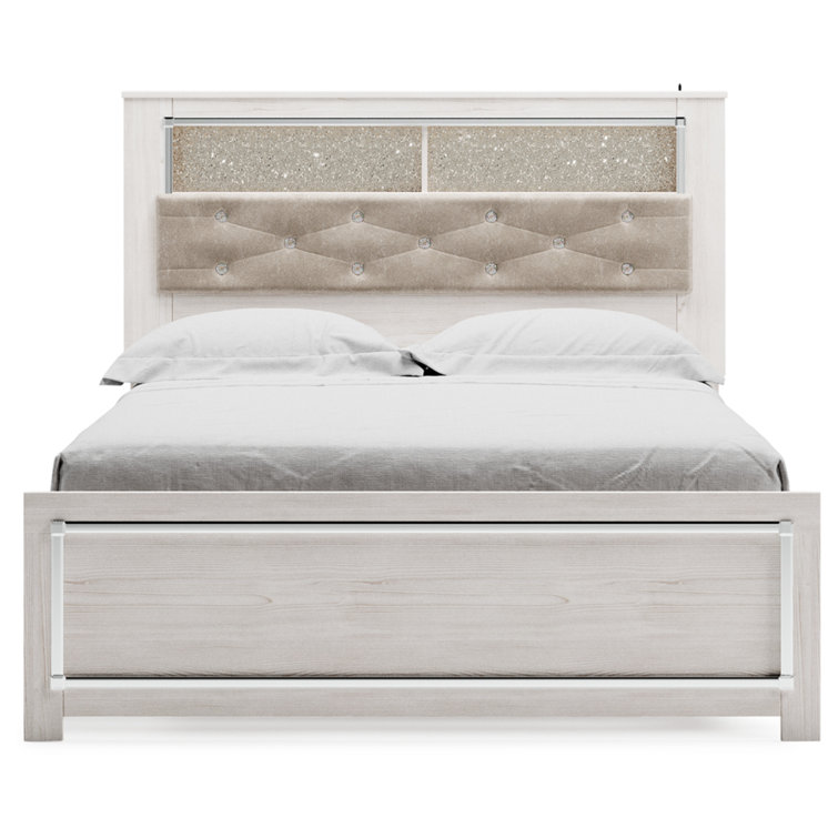 Beige Upholstered Queen Bookcase Bed with Storage