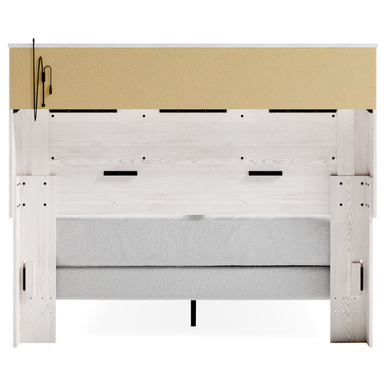 Beige Upholstered Queen Bookcase Bed with Storage