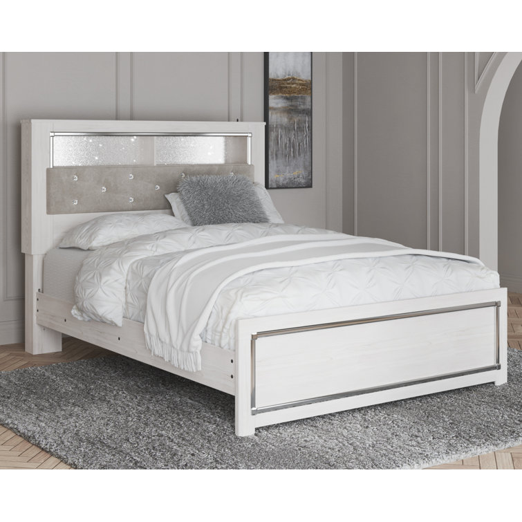 Beige Upholstered Queen Bookcase Bed with Storage