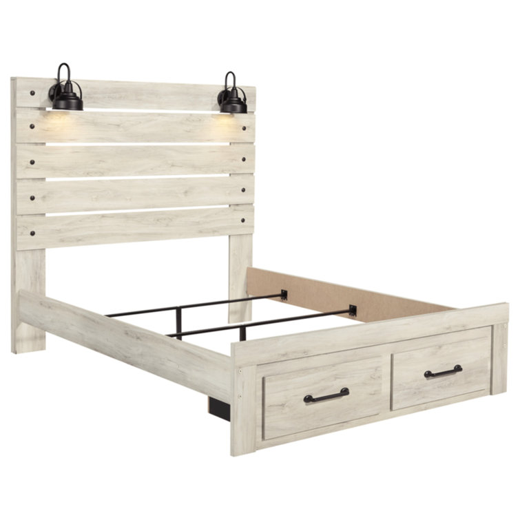 White Queen Upholstered Storage Bed with Headboard and Drawers