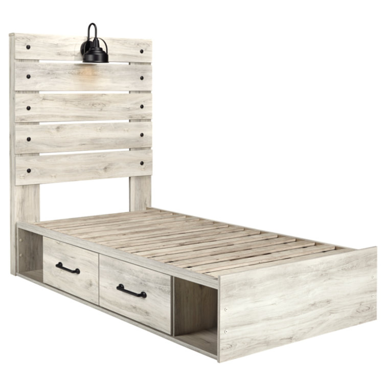 Whitewash Twin Storage Platform Bed with Headboard and Drawers