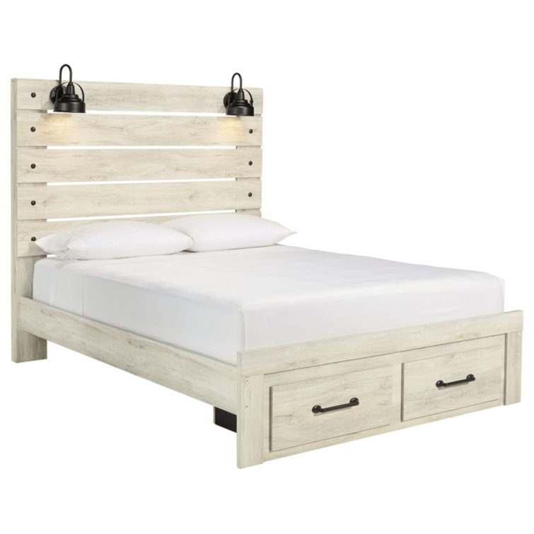 White Queen Upholstered Storage Bed with Headboard and Drawers