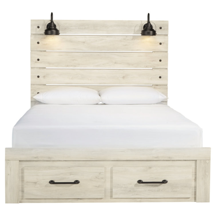 White Queen Upholstered Storage Bed with Headboard and Drawers