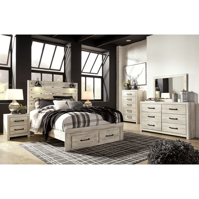 White Queen Upholstered Storage Bed with Headboard and Drawers