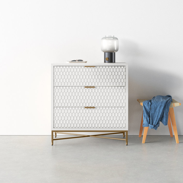 White Pearl Transitional 3-Drawer Accent Chest with Gold Accents