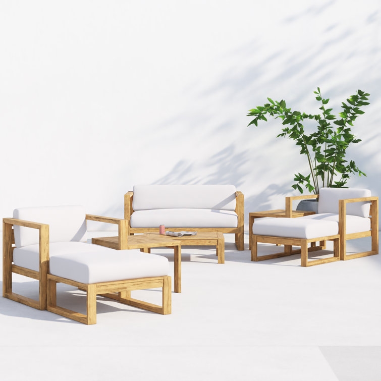 Upland Natural Teak 8-Piece Outdoor Patio Conversation Set with White Cushions
