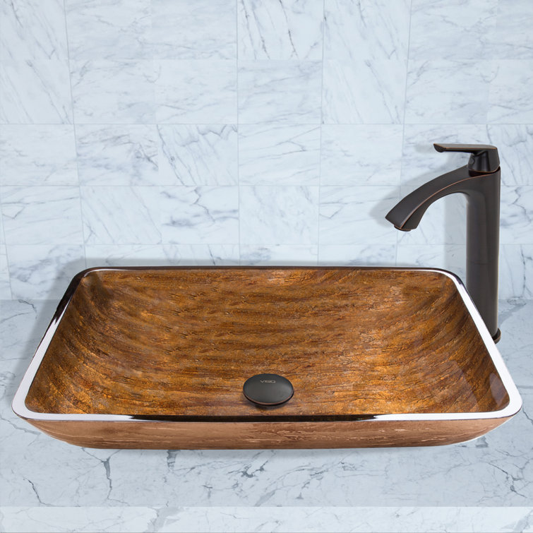 Amber Rectangular Glass Vessel Sink with Faucet