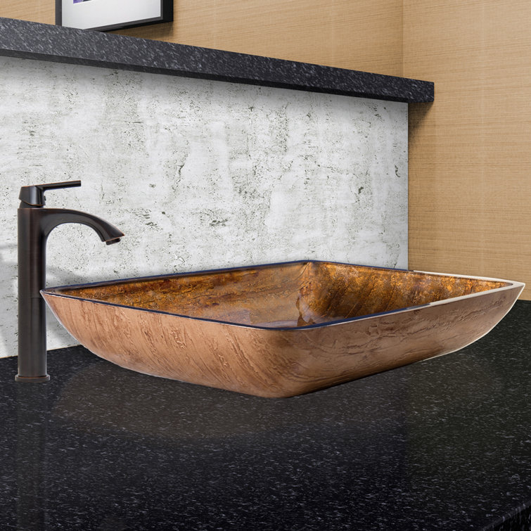 Amber Rectangular Glass Vessel Sink with Faucet