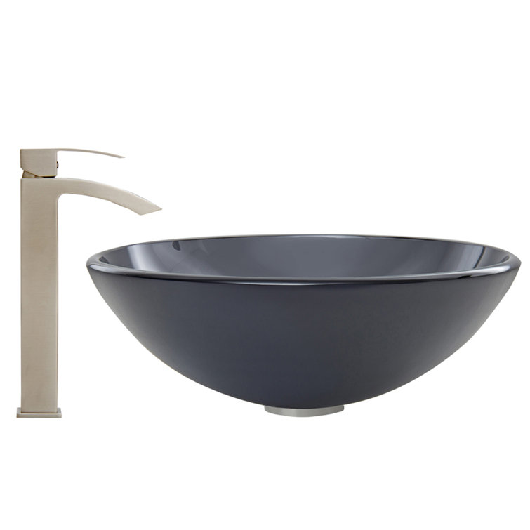 Simply Silver Round Glass Vessel Sink with Brushed Nickel Faucet