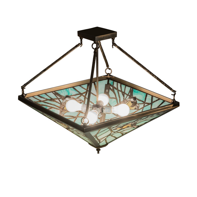 Backyard Friends 4-Light Antique Copper LED Semi Flush Mount with Blue Beige Glass