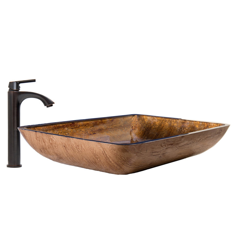 Amber Rectangular Glass Vessel Sink with Faucet