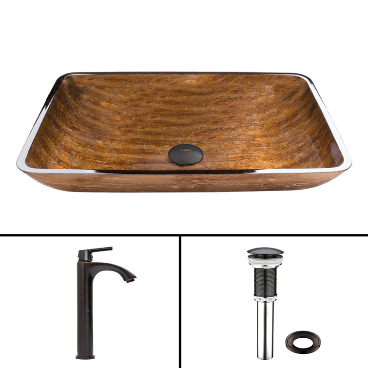 Amber Rectangular Glass Vessel Sink with Faucet